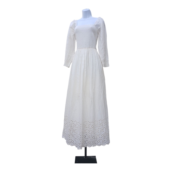 DD77 White Prairie Peasant Western Flowy Long Sleeve Boho Maxi Dress Small NWT - Picture 2 of 4